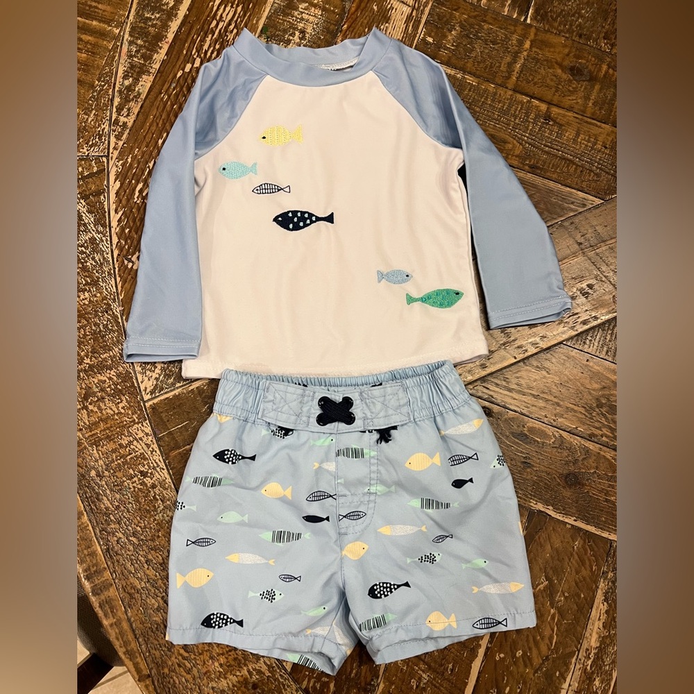 Crown & Ivy Blue Fish Print Kids Rashguard Set